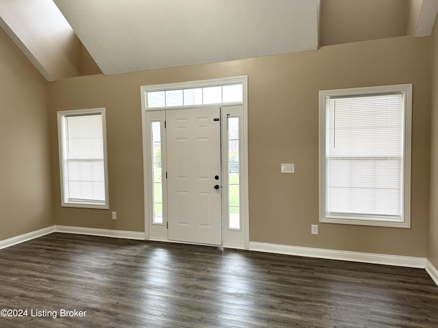 entrance foyer with dark hardwood / wood-style flooring and lofted ceiling