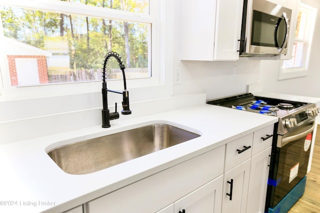 kitchen with a healthy amount of sunlight, sink, stainless steel appliances, and light hardwood / wood-style floors