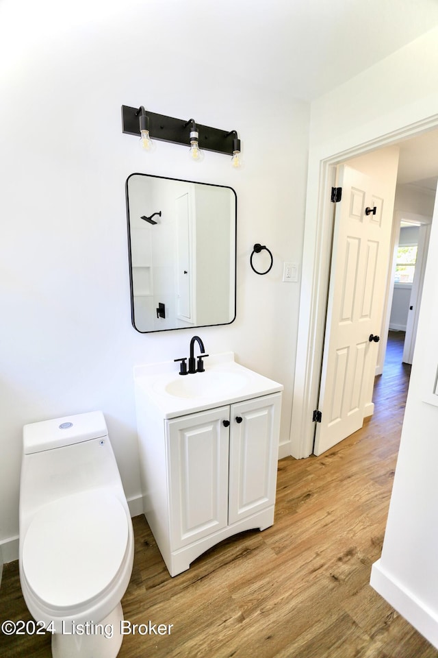 bathroom featuring vanity, toilet, and wood-type flooring