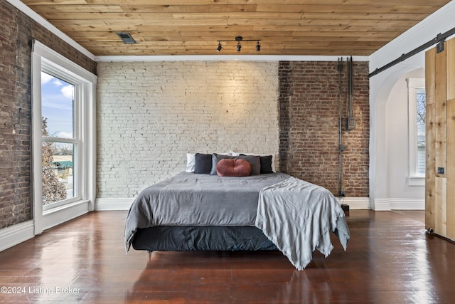 bedroom featuring wood ceiling, brick wall, and dark hardwood / wood-style floors