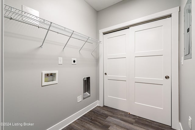 laundry room with washer hookup, electric dryer hookup, and dark wood-type flooring