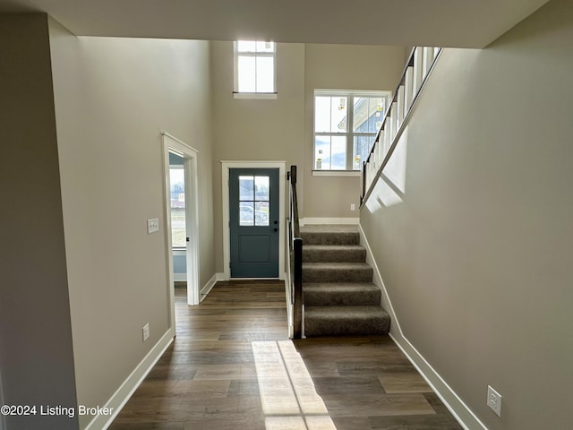 doorway to outside with dark wood-type flooring and a high ceiling