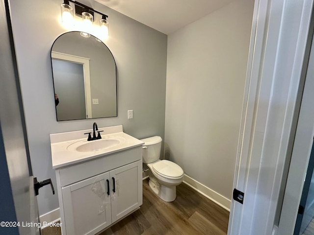 bathroom with hardwood / wood-style floors, vanity, and toilet