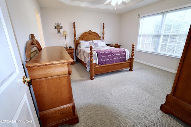 bedroom with carpet flooring, a tray ceiling, ceiling fan, and crown molding