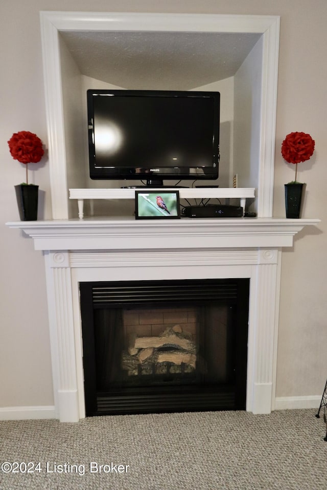 interior details with carpet and a fireplace