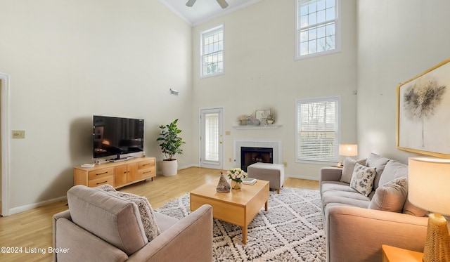 living room with ceiling fan, a towering ceiling, light wood-type flooring, and ornamental molding