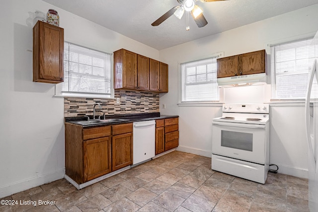 kitchen featuring tasteful backsplash, plenty of natural light, white appliances, and sink