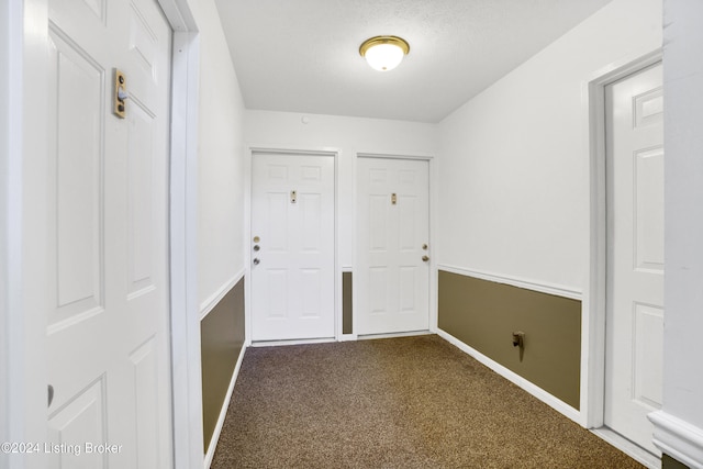 hall featuring carpet and a textured ceiling