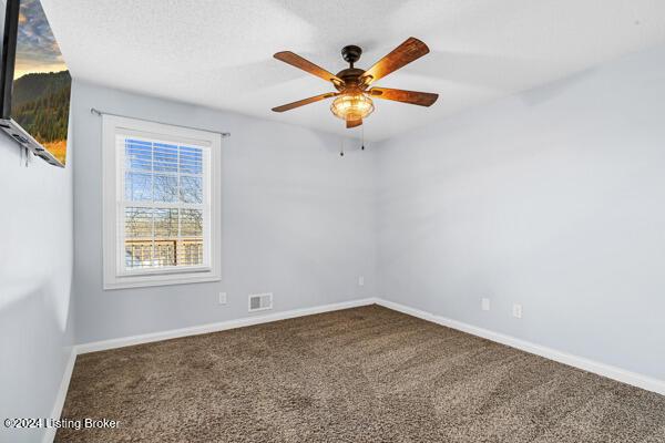 empty room featuring carpet, a textured ceiling, and ceiling fan