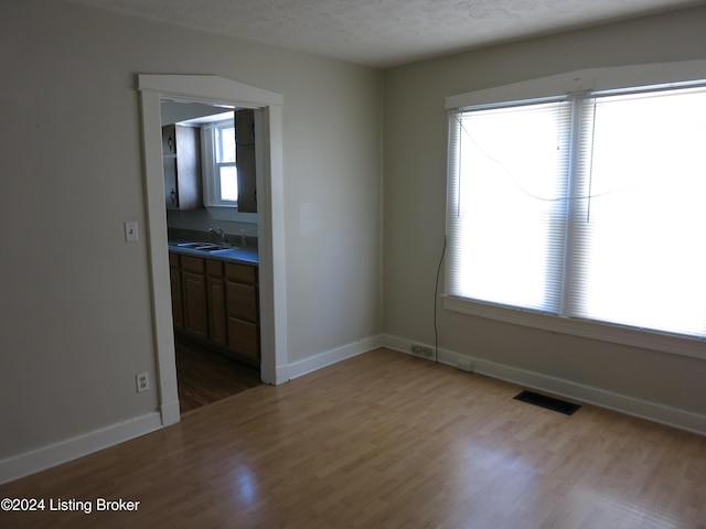 spare room with light hardwood / wood-style flooring, a textured ceiling, and sink