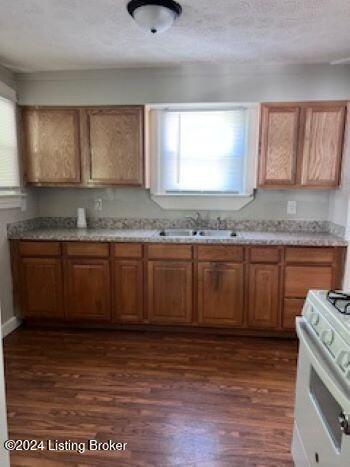 kitchen featuring a textured ceiling, dark hardwood / wood-style floors, white range with electric stovetop, and sink