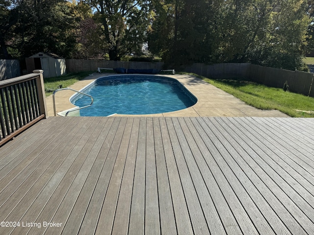 view of swimming pool with a shed and a deck