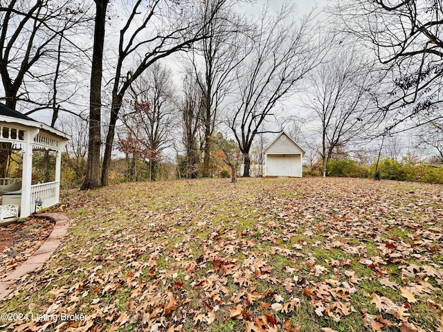 view of yard featuring a garage and an outdoor structure