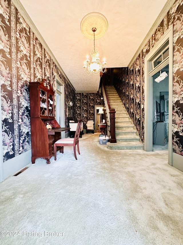 wine cellar featuring ornamental molding, carpet floors, and a chandelier