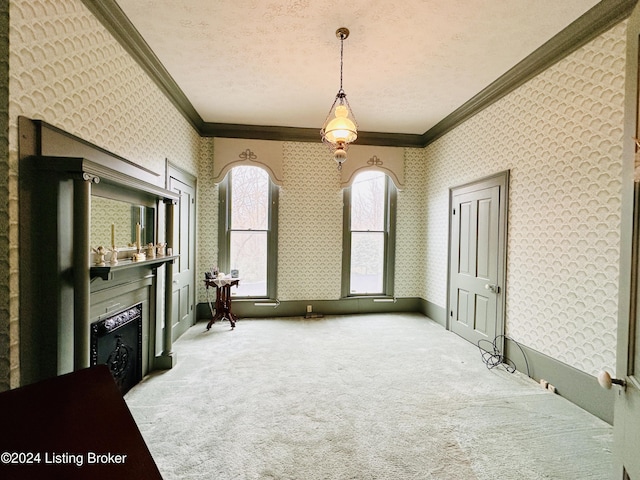 205 W Chestnut St, Leitchfield, KY 42754 - unfurnished living room featuring ornamental molding, wallpapered walls, a fireplace, carpet floors, and a textured ceiling