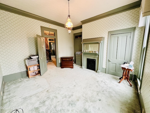 205 W Chestnut St, Leitchfield, KY 42754 - carpeted living room with crown molding and wallpapered walls