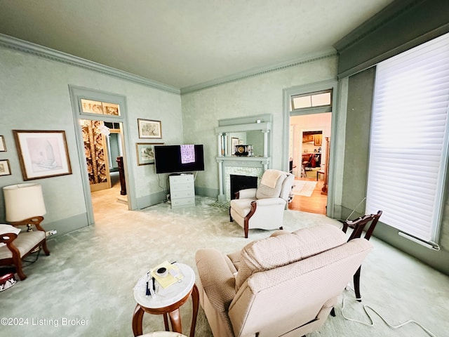 living room featuring light carpet and ornamental molding