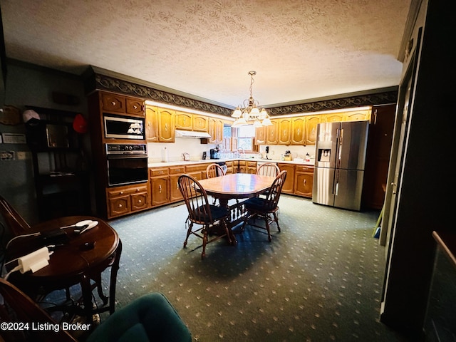 carpeted dining space featuring a textured ceiling and a notable chandelier