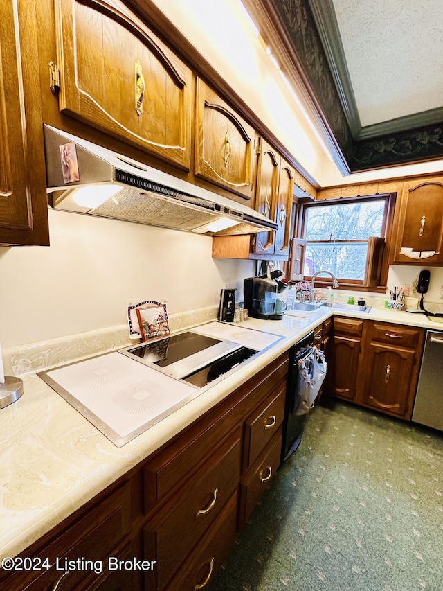 kitchen with a textured ceiling, dishwasher, stovetop, and sink