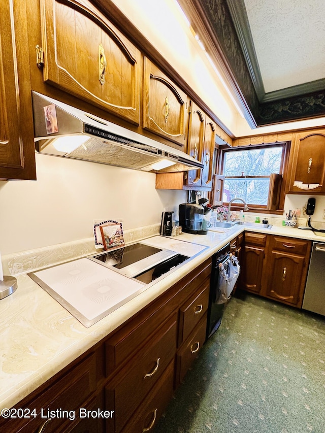 205 W Chestnut St, Leitchfield, KY 42754 - kitchen with under cabinet range hood, dishwasher, light countertops, electric cooktop, and ornamental molding