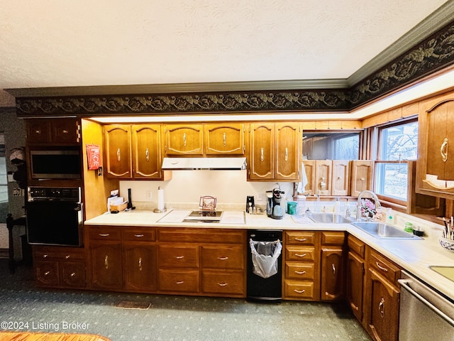 kitchen with dishwasher, white stovetop, a textured ceiling, black oven, and ornamental molding