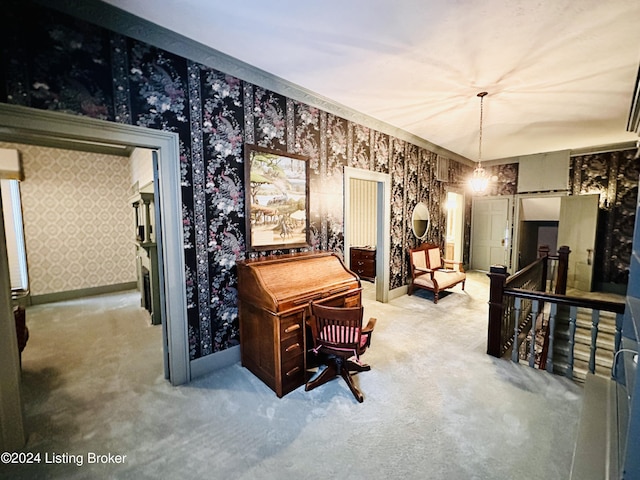 miscellaneous room with carpet floors and an inviting chandelier