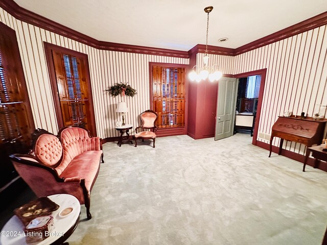 205 W Chestnut St, Leitchfield, KY 42754 - living area with ornamental molding, carpet floors, and a chandelier