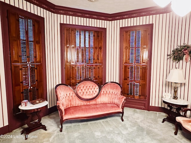 205 W Chestnut St, Leitchfield, KY 42754 - sitting room with carpet flooring, ornamental molding, and wallpapered walls