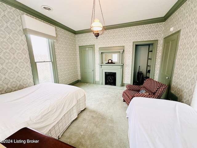 205 W Chestnut St, Leitchfield, KY 42754 - carpeted bedroom featuring crown molding and a fireplace