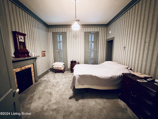 carpeted bedroom with a stone fireplace and ornamental molding