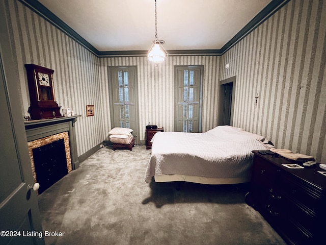 205 W Chestnut St, Leitchfield, KY 42754 - carpeted bedroom featuring crown molding, wallpapered walls, and a fireplace