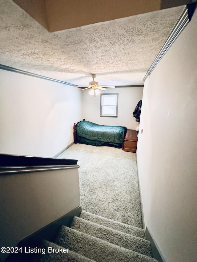 205 W Chestnut St, Leitchfield, KY 42754 - stairs featuring a ceiling fan, carpet floors, a textured ceiling, and ornamental molding