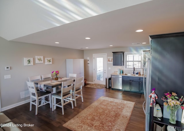 dining area with sink and dark wood-type flooring