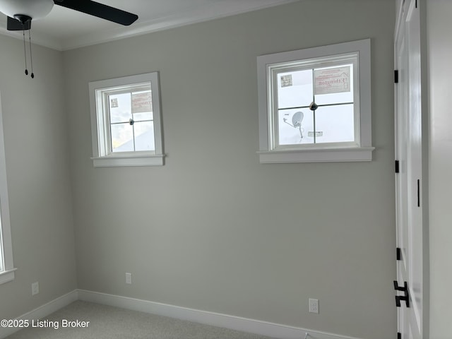 unfurnished room featuring ceiling fan, ornamental molding, carpet, and baseboards