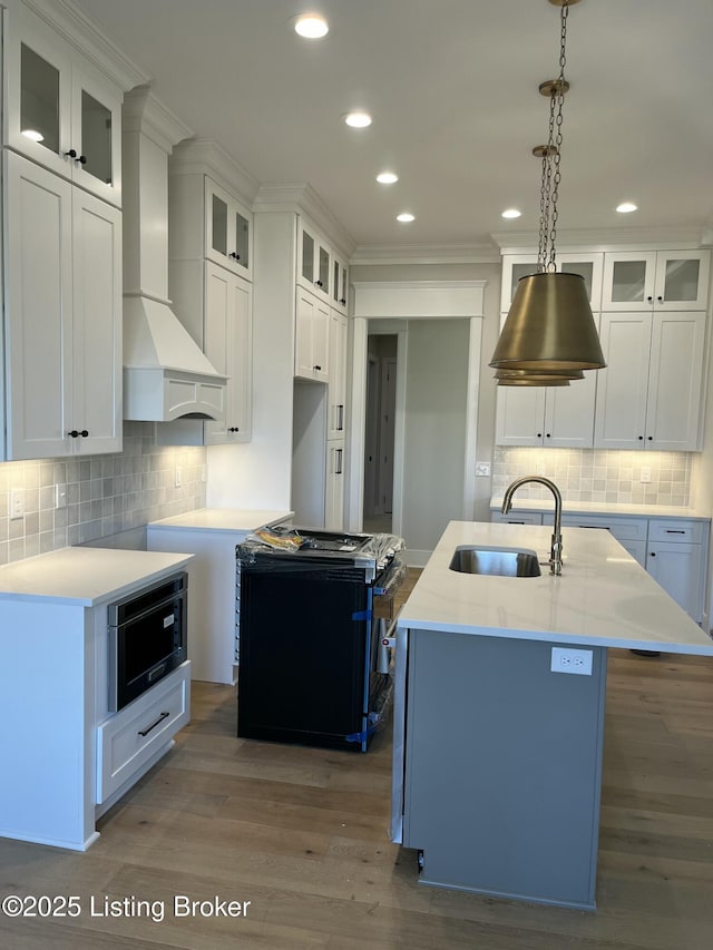 kitchen with a center island with sink, white cabinets, wall chimney exhaust hood, wood finished floors, and a sink