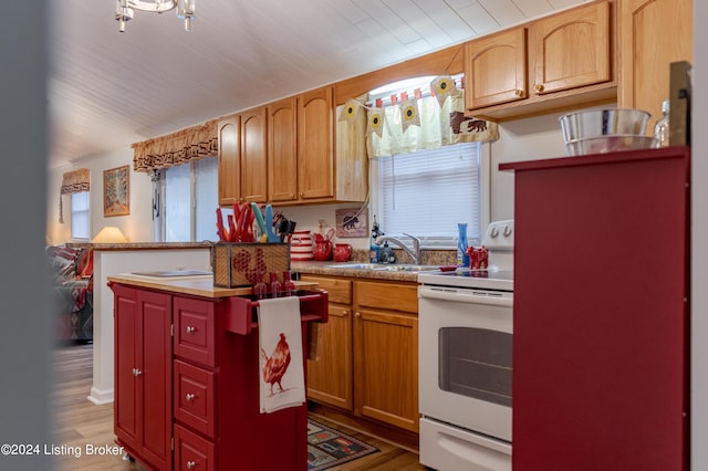 kitchen with white range with electric cooktop, hardwood / wood-style floors, a center island, and sink