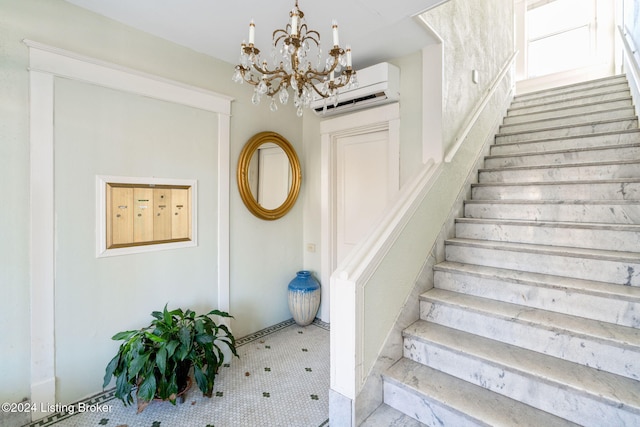 stairway featuring tile patterned floors, an inviting chandelier, and a wall mounted AC