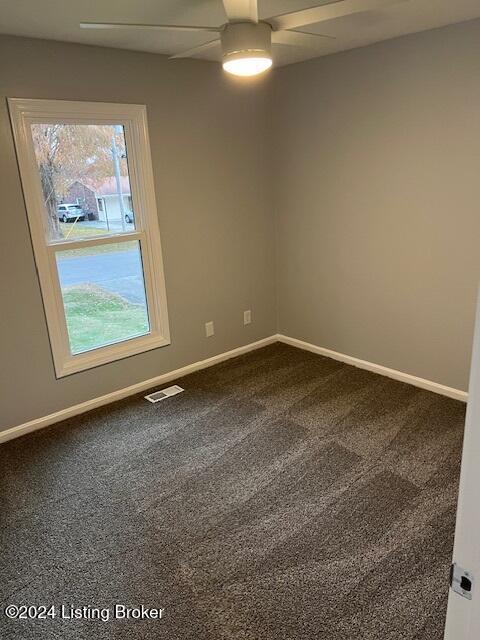 empty room with plenty of natural light, carpet floors, and ceiling fan