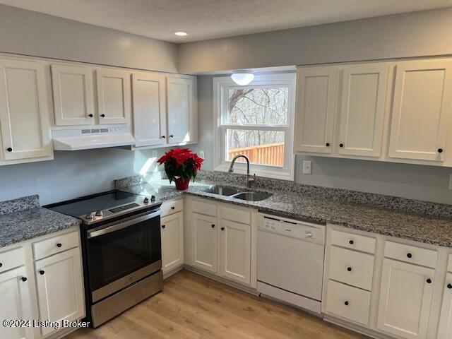 kitchen featuring white cabinets, dishwasher, electric range, and sink