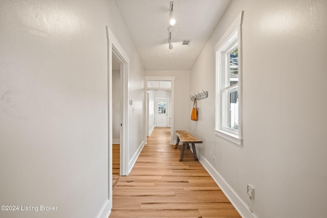 hall with a healthy amount of sunlight and light wood-type flooring