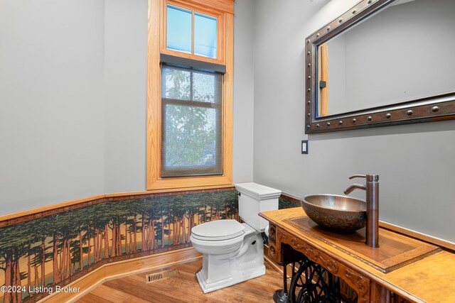 bathroom with toilet, vanity, and hardwood / wood-style flooring