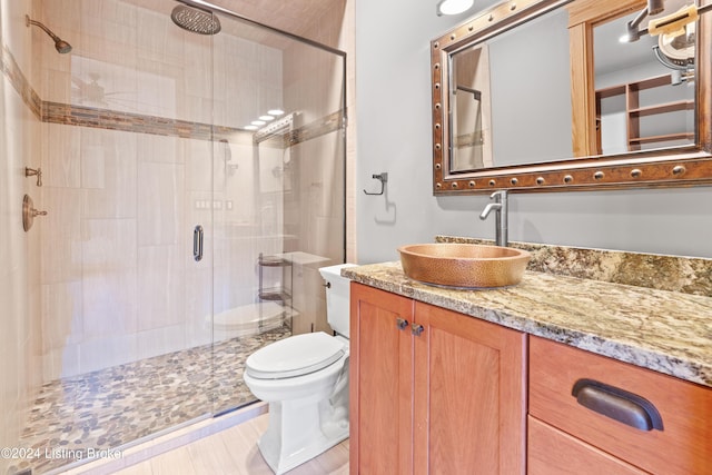 bathroom featuring hardwood / wood-style flooring, vanity, toilet, and a shower with shower door