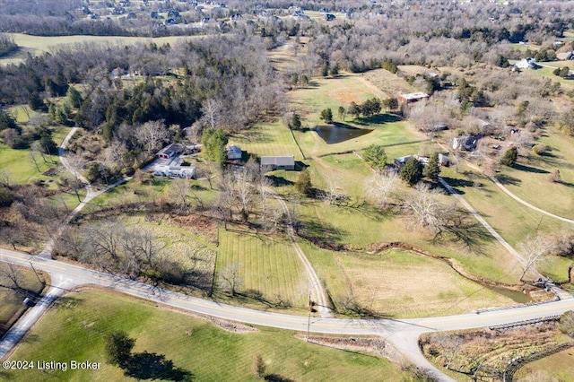 birds eye view of property with a water view and a rural view