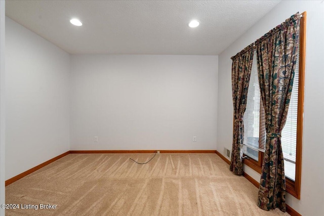 spare room featuring light colored carpet and a textured ceiling