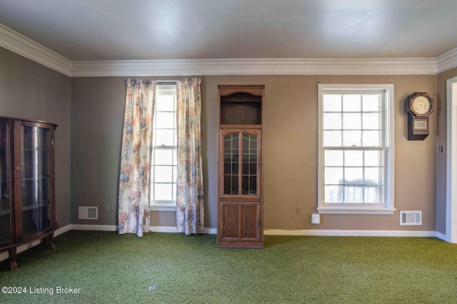 carpeted empty room featuring a wealth of natural light and ornamental molding