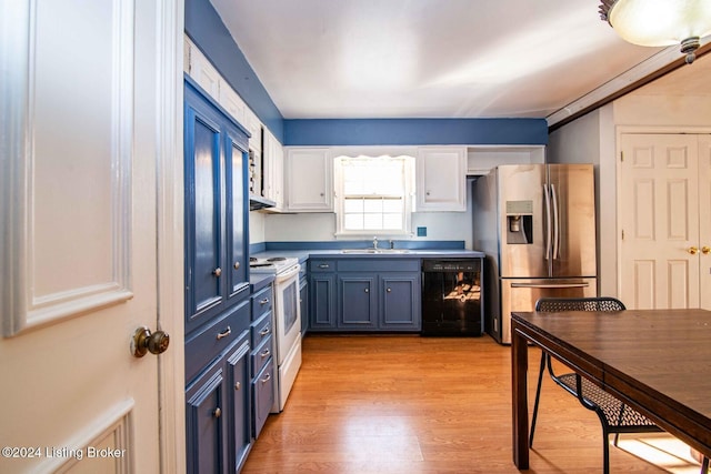 kitchen featuring dishwasher, electric stove, stainless steel fridge, light hardwood / wood-style floors, and white cabinetry