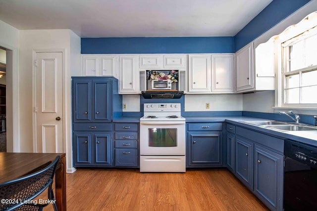 kitchen with white cabinets, sink, blue cabinetry, electric range, and dishwasher