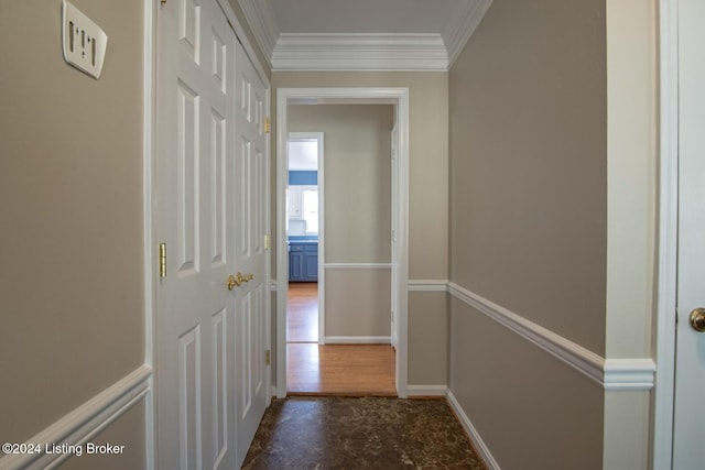 hallway with dark hardwood / wood-style flooring and ornamental molding