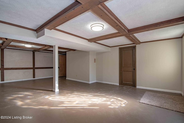 basement featuring a textured ceiling