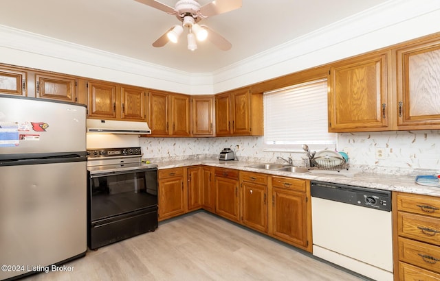 kitchen featuring stainless steel fridge, crown molding, dishwasher, light hardwood / wood-style floors, and black electric range oven